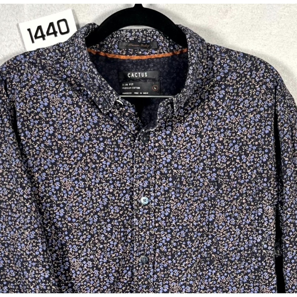 Cactus Shirt Mens Large Blue Floral Premium Cotton Slim‎ Fit Casual Button Down